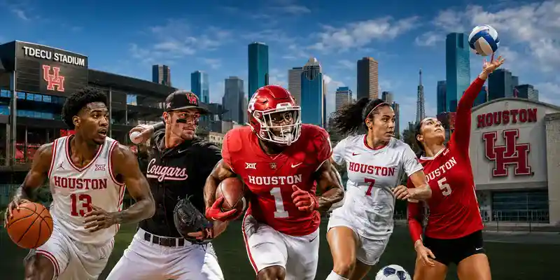 College athletes competing in football, basketball, baseball, soccer, and volleyball with the Houston skyline and university stadiums in the background during a college sports event in Houston.
